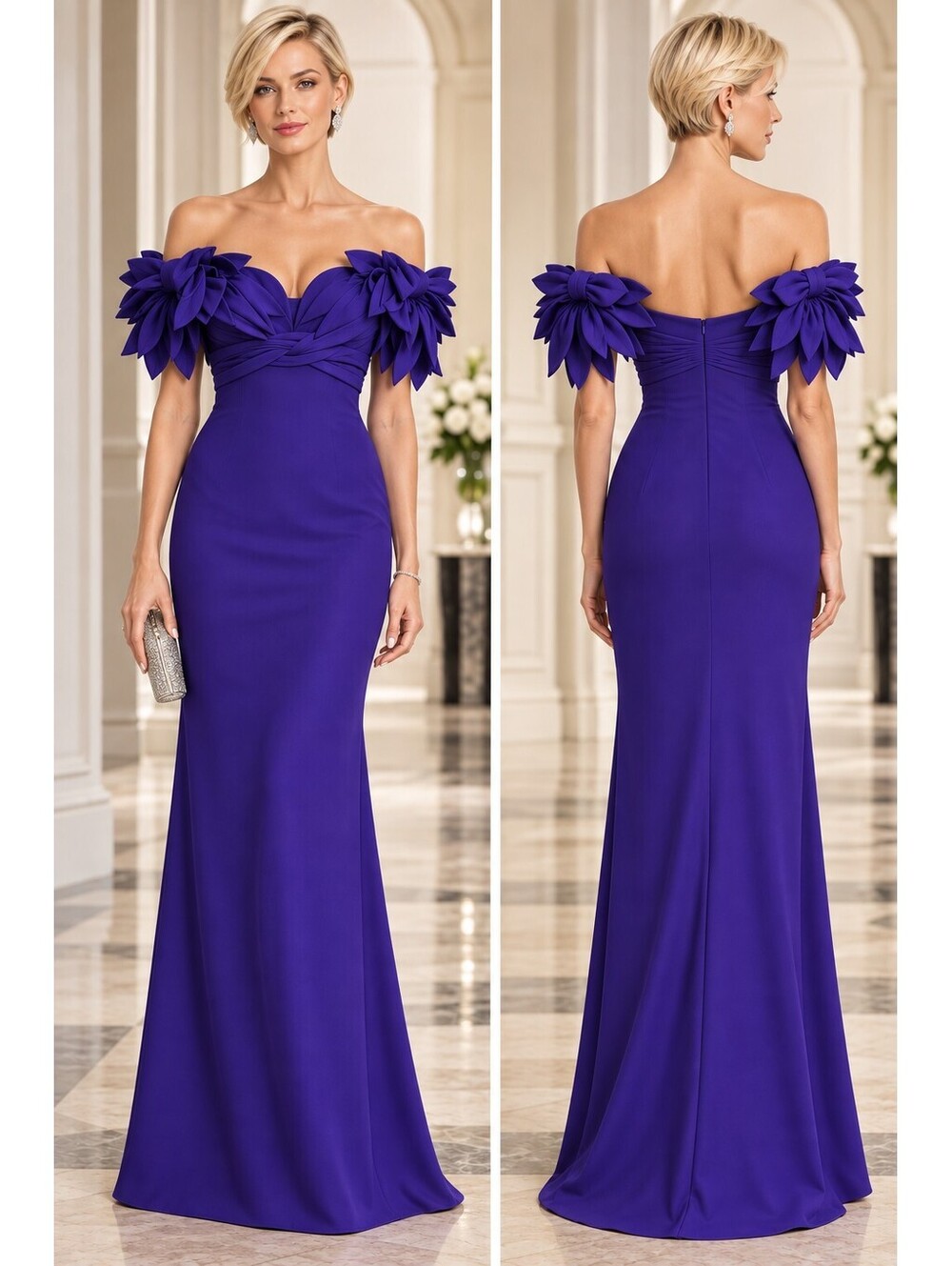 Badgley Mischka Couture Sz 0 Purple Floral Off Shoulder Evening Gown Formal NWT